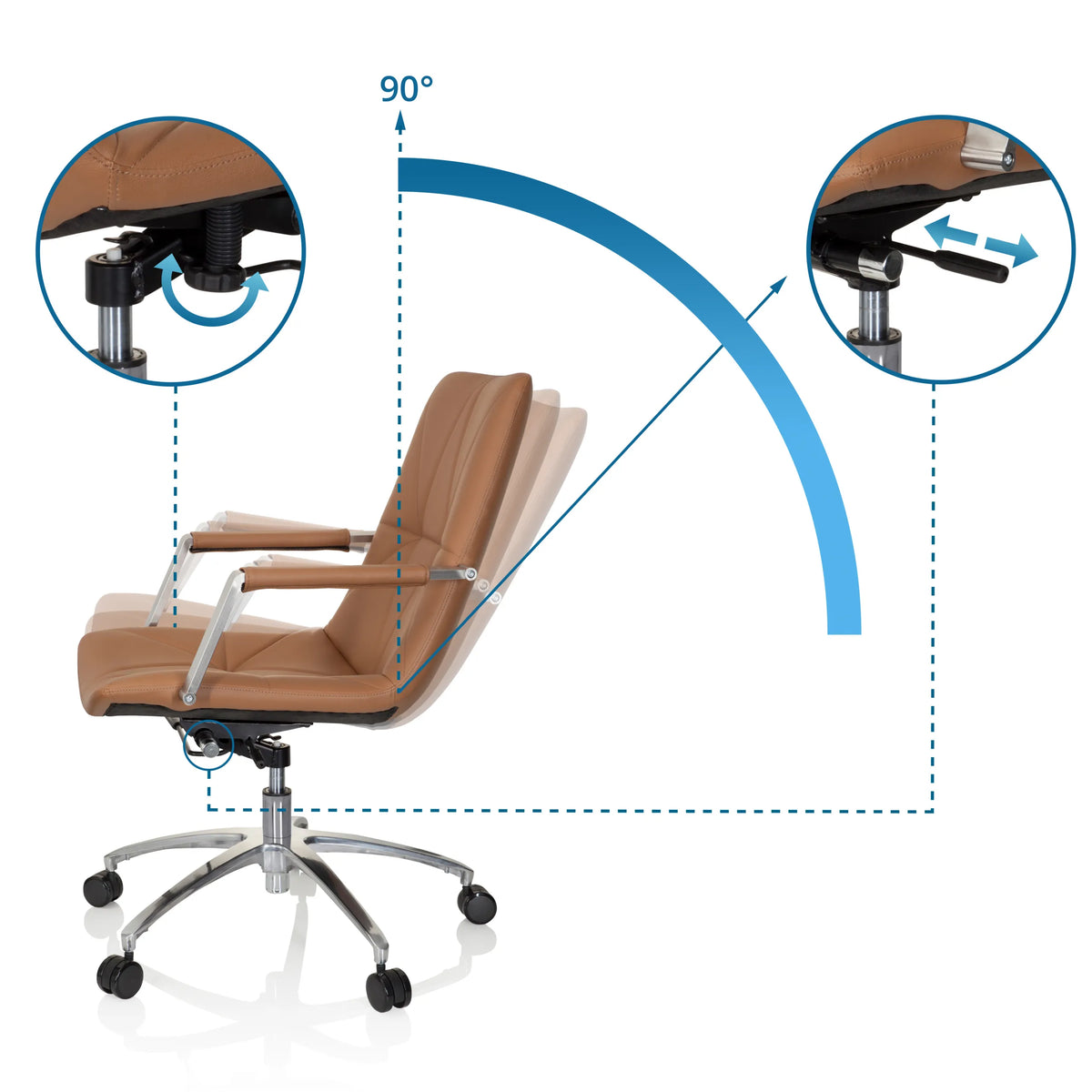 Adjustment mechanisms and 90 degree recline of the SARANTO II Home Office Chair in camel by hjh OFFICE