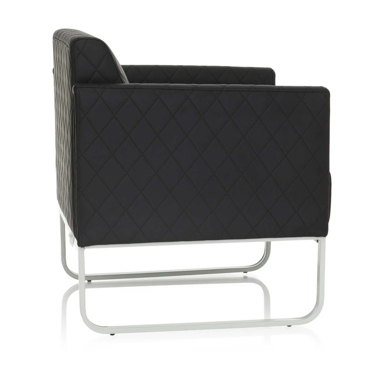 Black upholstered armchair ARUBA STEP with diamond stitching and silver-coloured frame by hjh OFFICE – 360-degree view (side profile 100°)