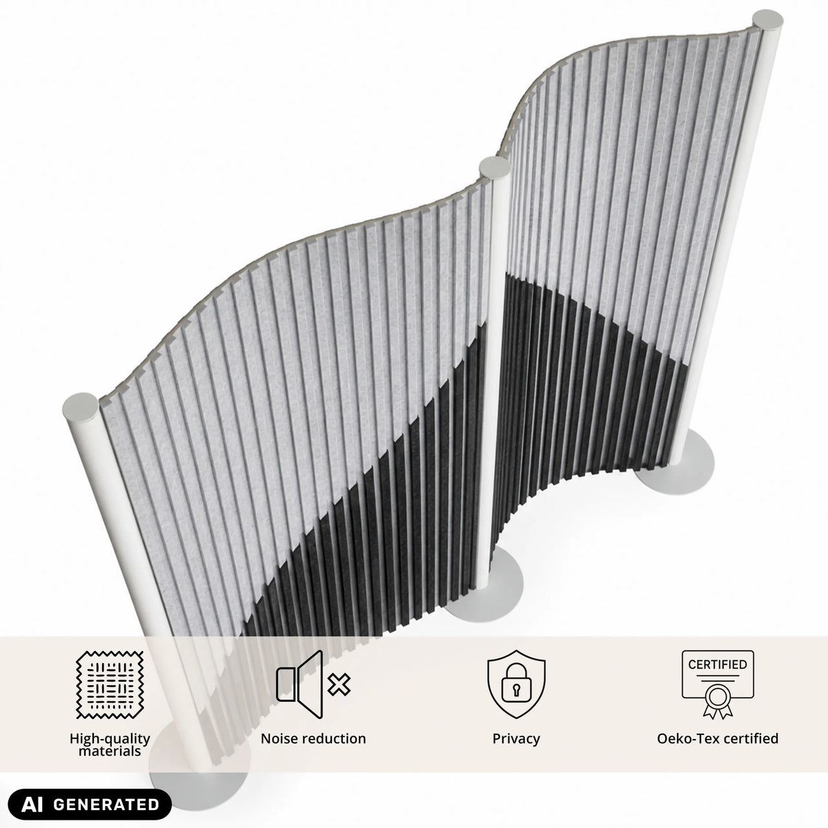 Grey visual and acoustic partition wall Flexmiut Wave with wavy design by hjh OFFICE (AI-generated image)