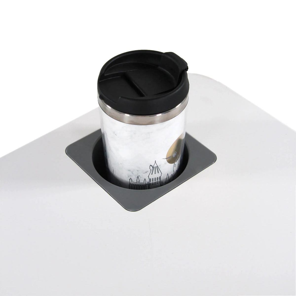 Integrated cup holder with thermal mug on the white tabletop of the STAND VM-SU I standing desk by hjh OFFICE