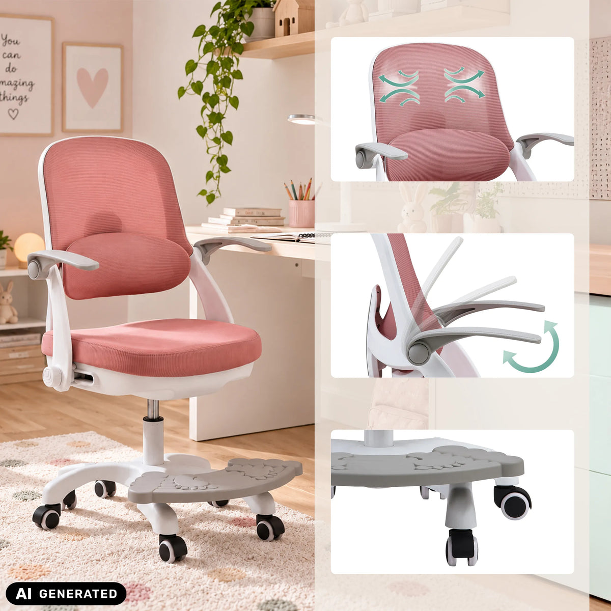Pink Kiddy Smart Step children's swivel chair with footrest and adjustable armrests by hjh OFFICE (AI-generated image)