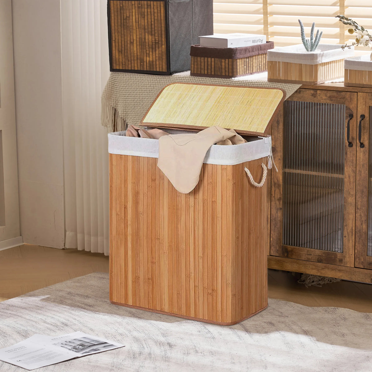 Brown Laundry basket FALSTER XL B with bamboo lid and integrated handles by hjh LIVING