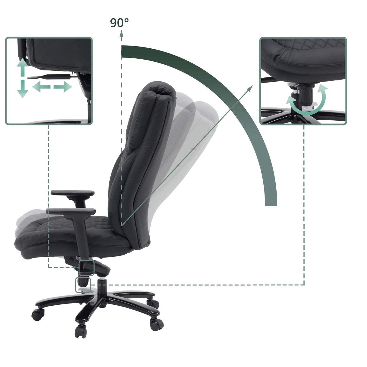 Adjustable backrest up to 90 degrees and armrests of the XXL Pullmann Gen2 swivel chair by hjh OFFICE