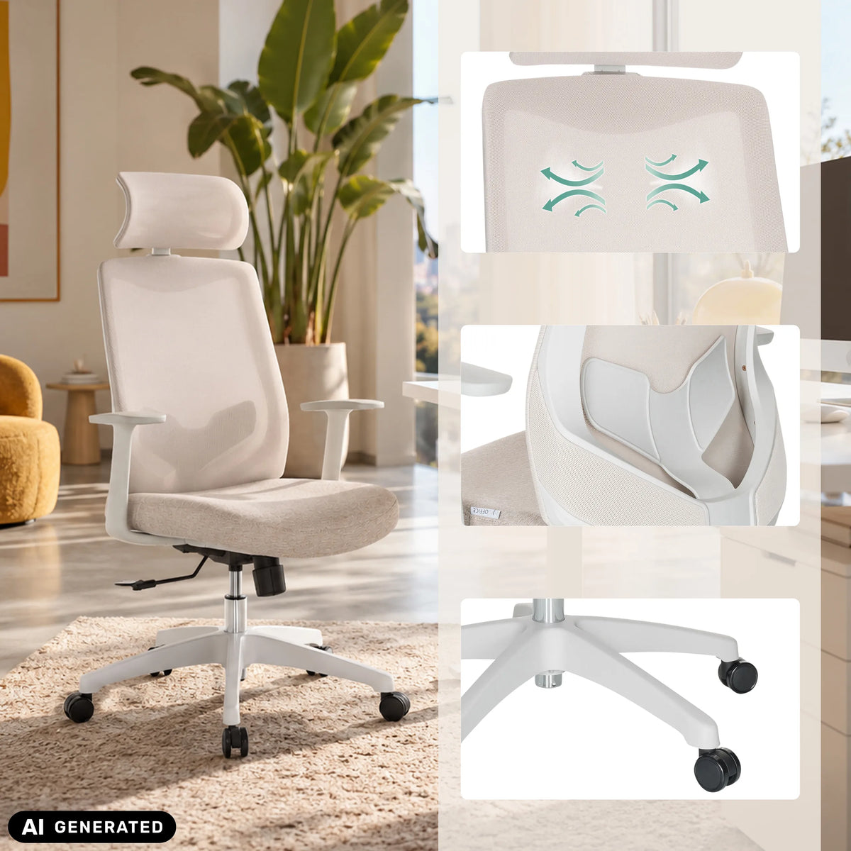 Beige Home Office Chair MIKEO W with mesh back and headrest at a desk by hjh OFFICE