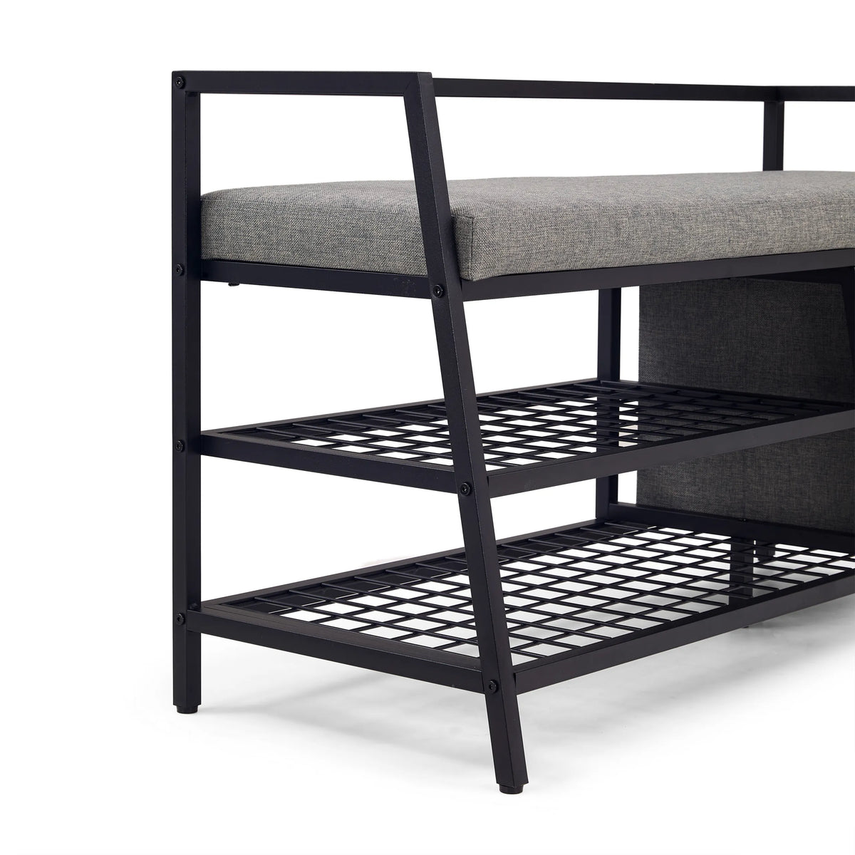 Grid shelves and grey seating surface of the Estha Loft shoe cabinet in black by hjh LIVING
