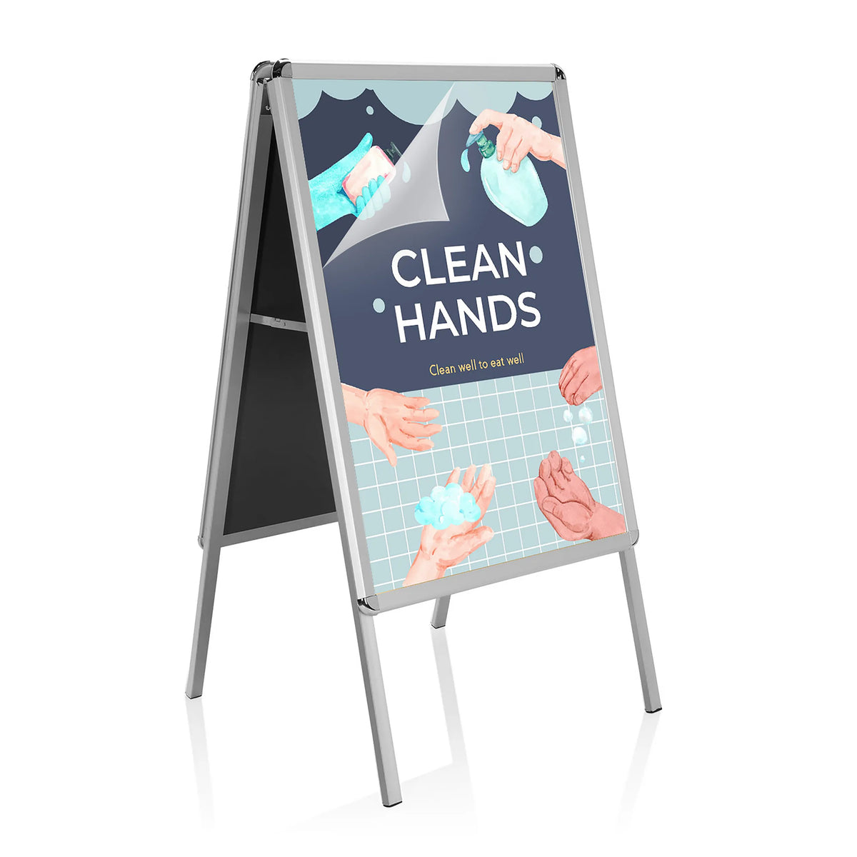 Poster stand AGENDA II as a pavement sign made of aluminium with an advertising poster by hjh OFFICE