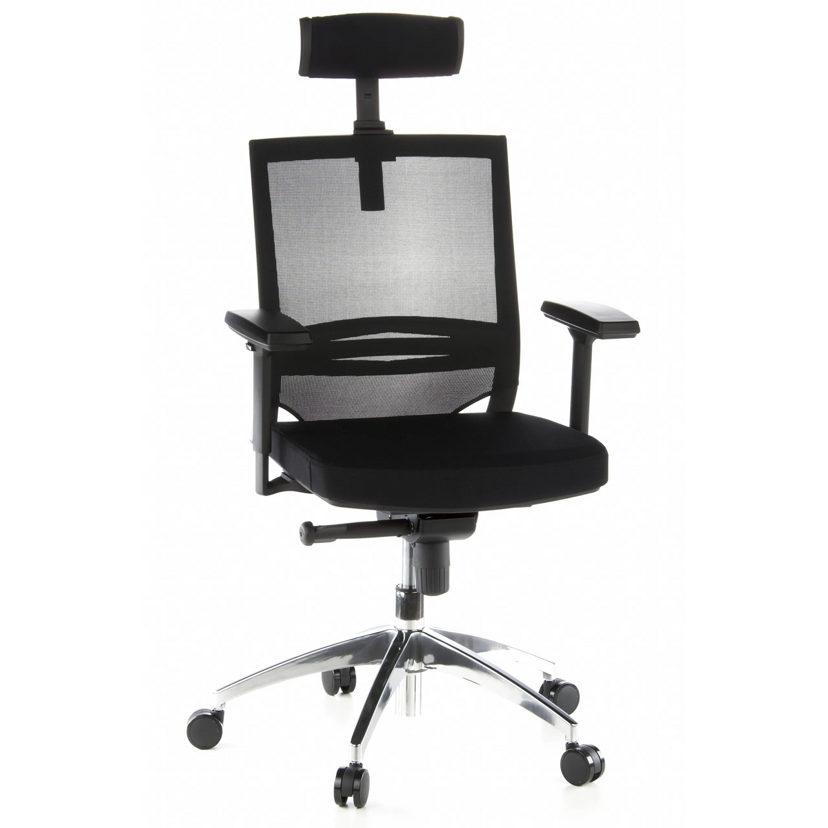 Black Professional Office Chair PORTO MAX with mesh back, headrest and five-caster base by hjh OFFICE – 360-degree view (front view 20°)