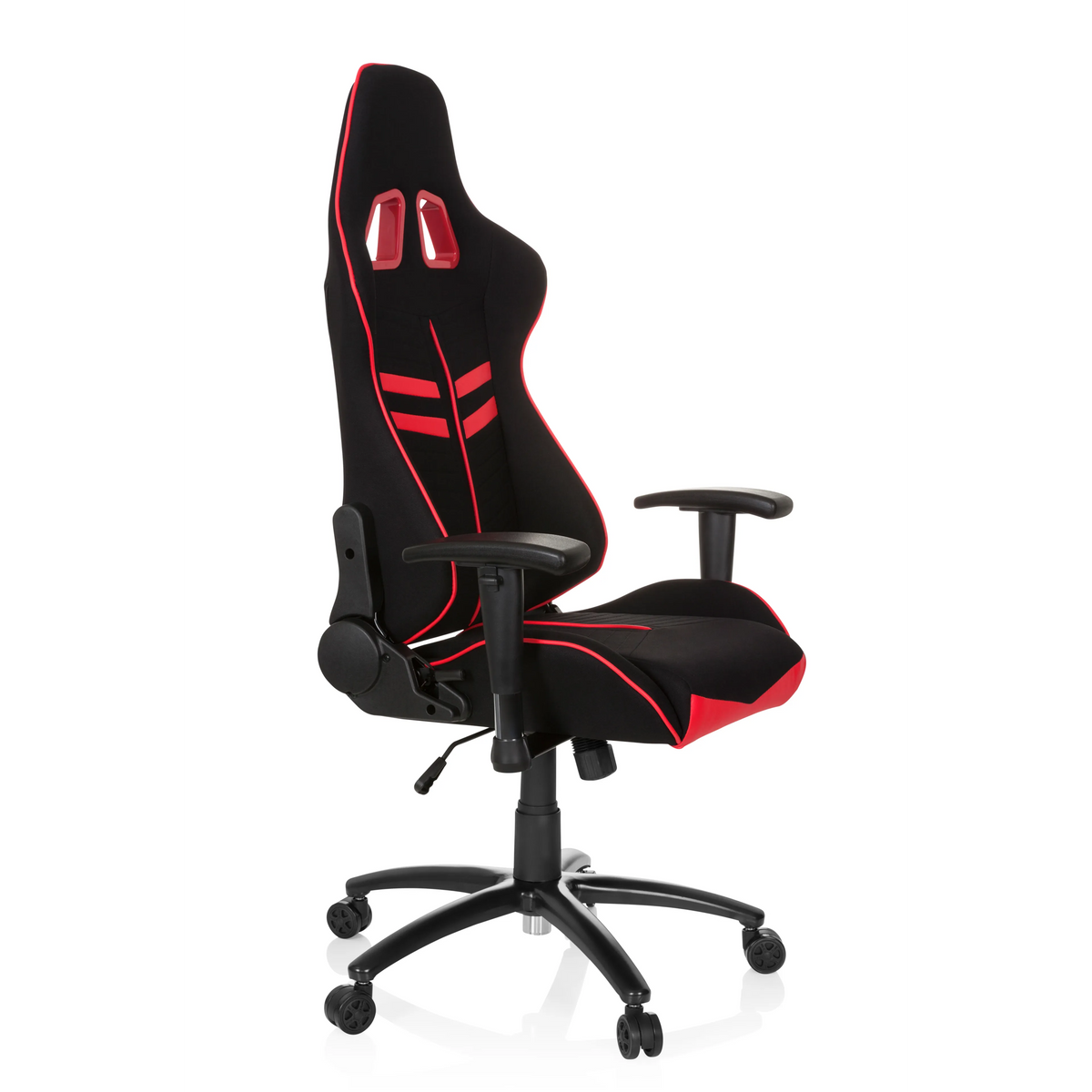 Black and red Gaming chair LEAGUE PRO I with two headrest openings and five-caster base by hjh OFFICE – 360-degree view (front three-quarter view 60°)