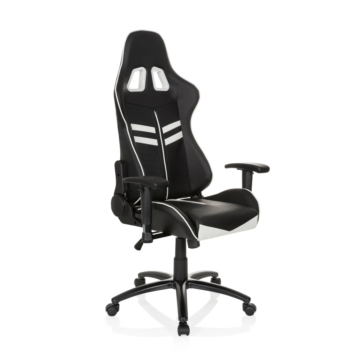 Black and white Gaming chair LEAGUE PRO with headrest and five-caster base by hjh OFFICE – 360-degree view (front three-quarter view 40°)