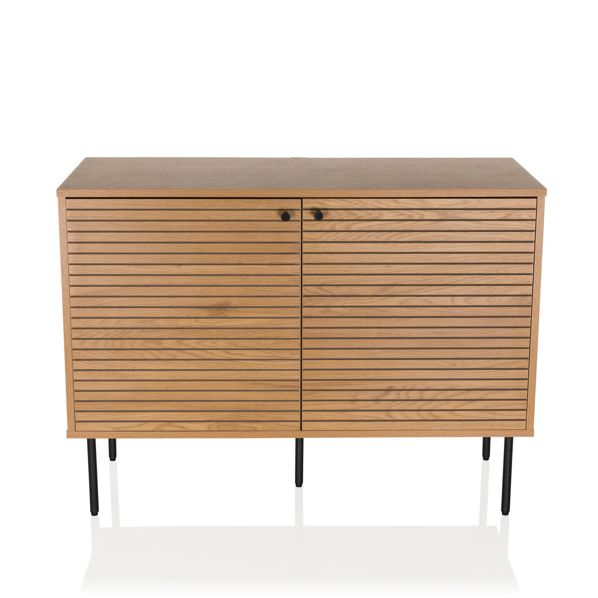 Sideboard LINNO S in oak with ribbed fronts and black metal legs by hjh LIVING – 360-degree view (front view 0°)