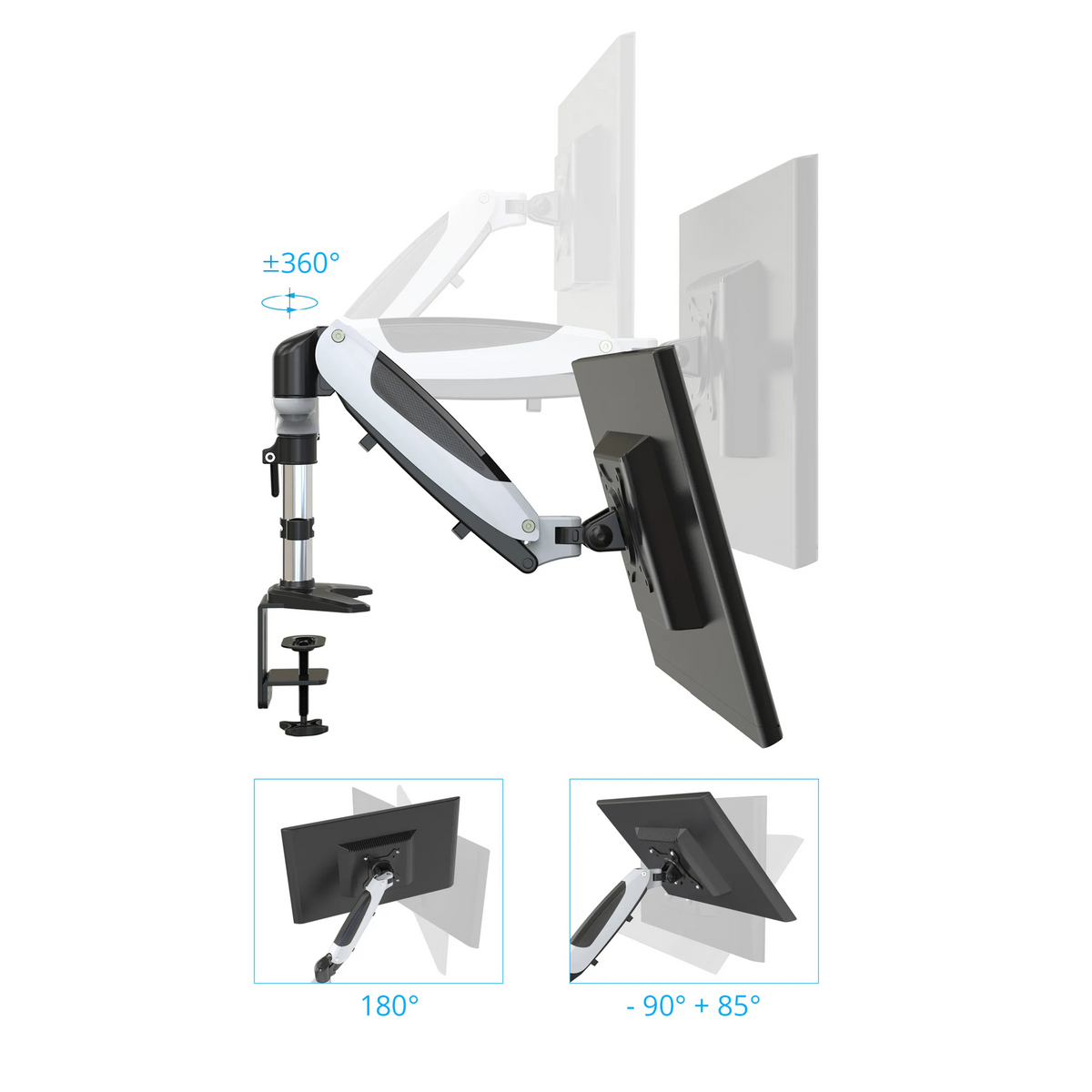 Adjustment options of the VM-MG2S monitor mount with 360° rotation and tilt angles by hjh OFFICE