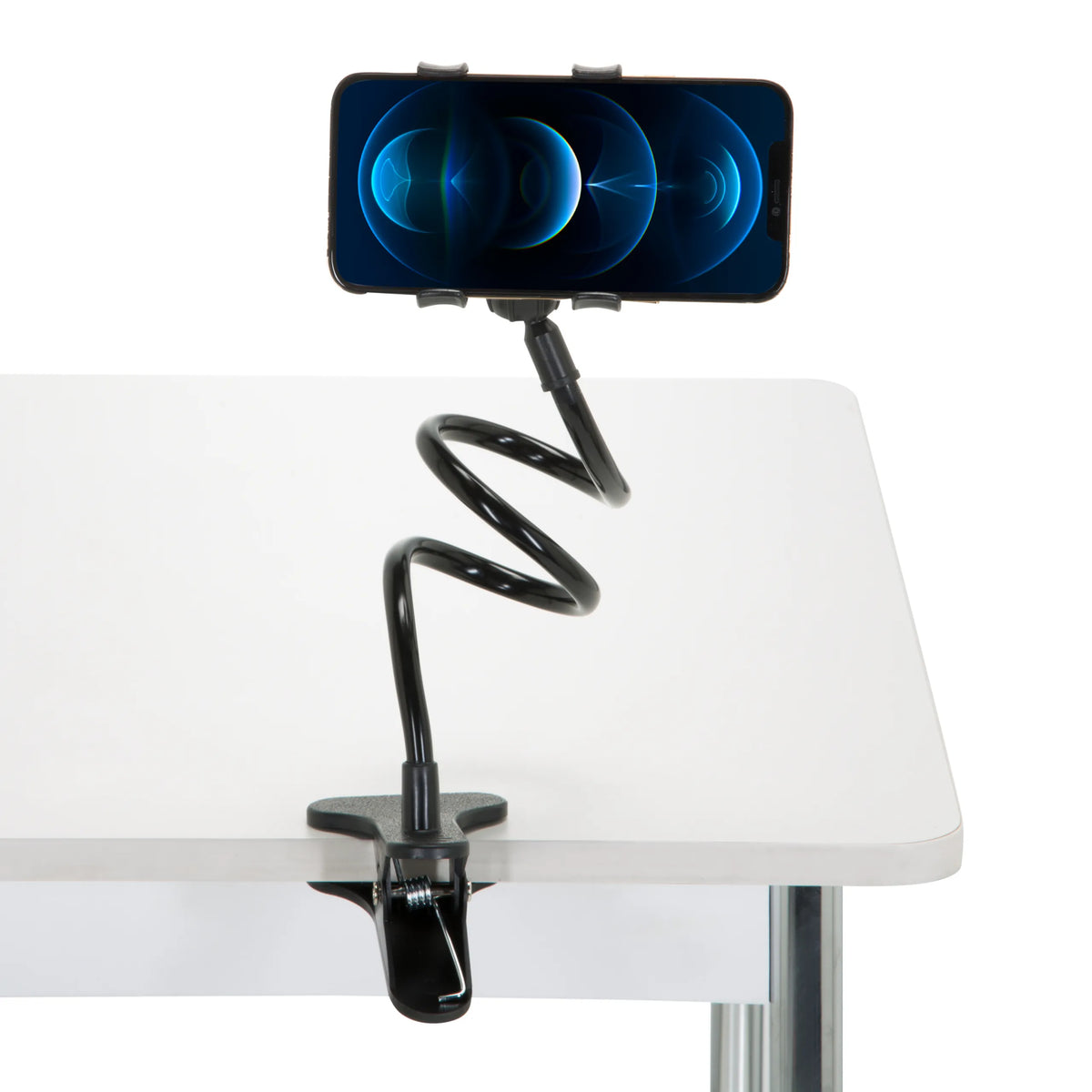 Black Mobile phone & tablet holder FLEXMOBI with flexible gooseneck and table clamp by hjh OFFICE – 360-degree view (front view 0°)
