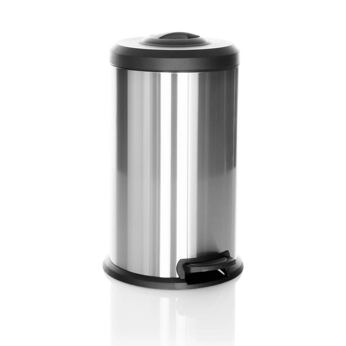 Silver Wastepaper CLEAN X with black lid and foot pedal by hjh OFFICE – 360-degree view (front three-quarter view 30°)