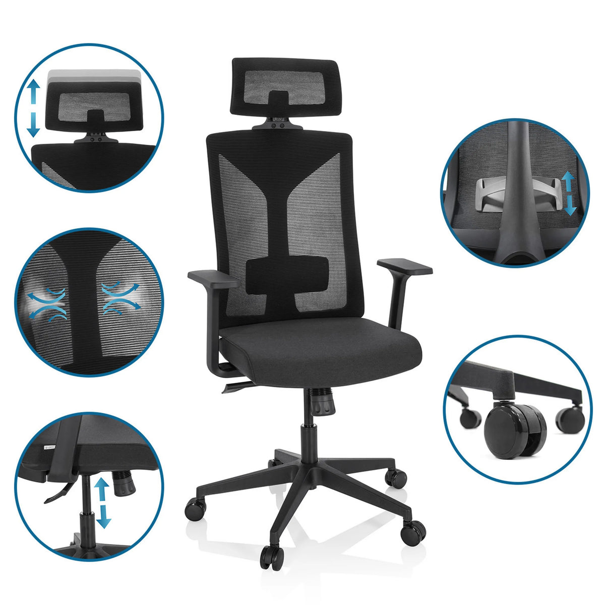 Black Professional Office Chair KODIAK with adjustable headrest, lumbar support and castors by hjh OFFICE