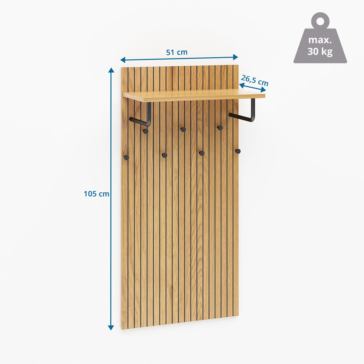 Dimensional drawing of the Wall-mounted coat rack LINNO SPACE with 105 × 51 cm and a load capacity of 30 kg by hjh LIVING