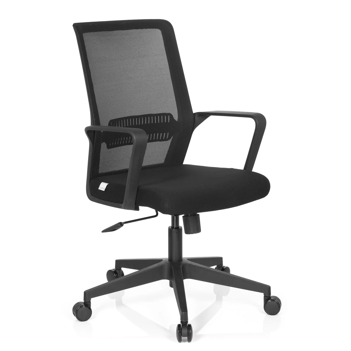 Black Home Office Chair PRESTON with mesh back and five-caster base by hjh OFFICE – 360-degree view (front three-quarter view 40°)