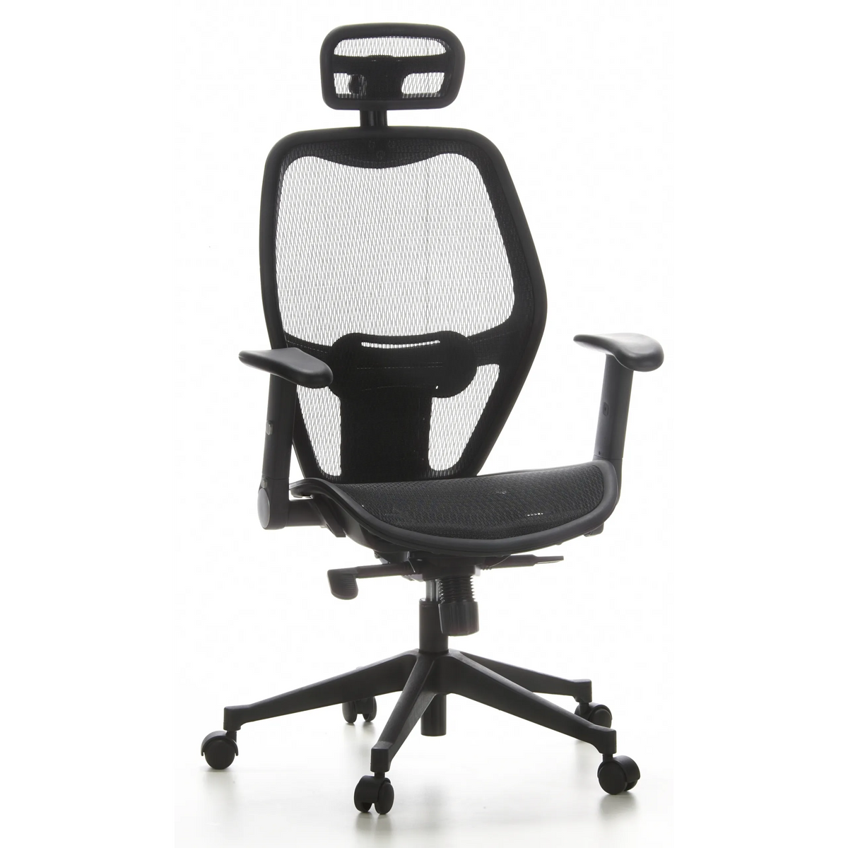 Black Professional Office ChAIR-PORT with mesh back, headrest and five-caster base by hjh OFFICE – 360-degree view (front view 20°)