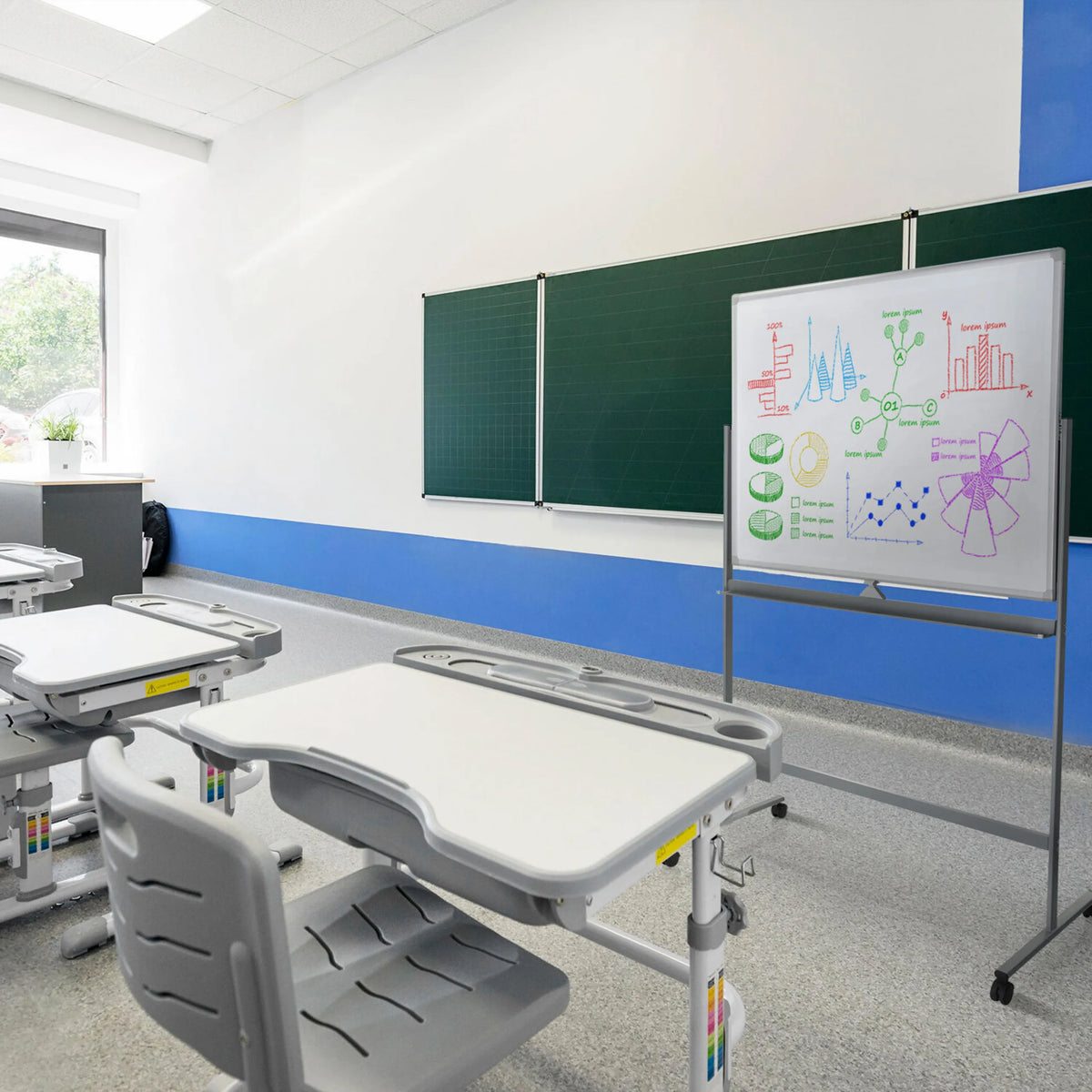 Whiteboard MULTIBOARD I in white and silver on a stand with castors by hjh OFFICE