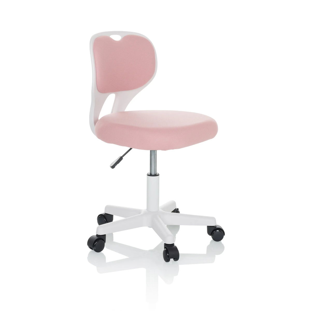 Pink Swivel Chair – Children KIDDY TOP W with white frame and five-caster base by hjh OFFICE – 360-degree view (front three-quarter view 45°)