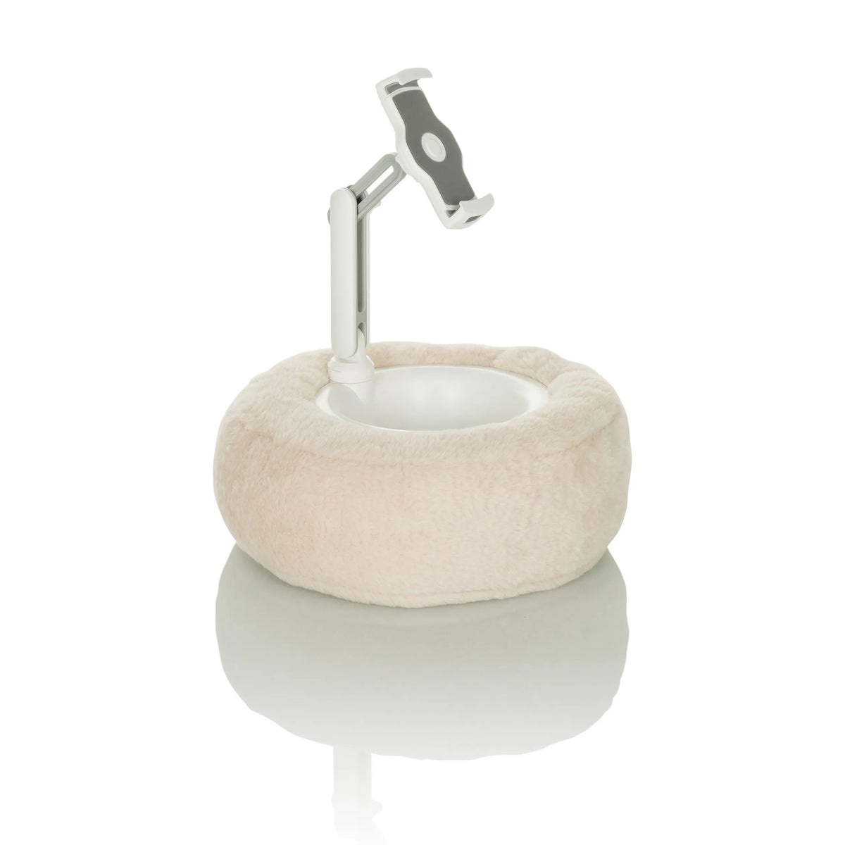Beige Mobile phone & tablet holder COMFILAP II with plush ring cushion by hjh OFFICE – 360-degree view (rear three-quarter view 144°)