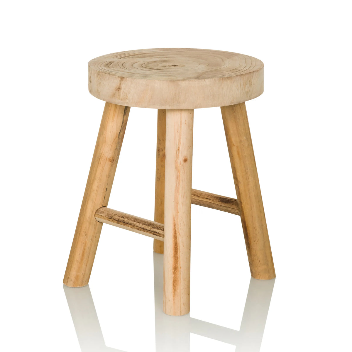 Brown wooden stool RUSTIKO W with round seat and crossbars by hjh LIVING – 360-degree view (front three-quarter view 45°)