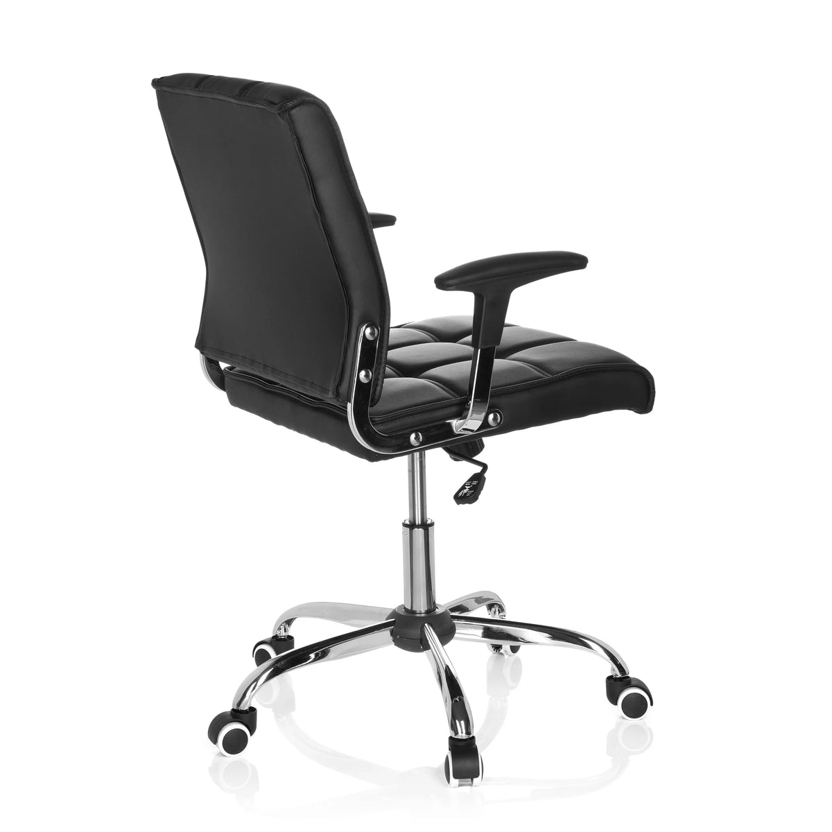 Black Home Office Chair ERNESTO with quilted upholstery and five-caster base by hjh OFFICE – 360-degree view (rear three-quarter view 120°)