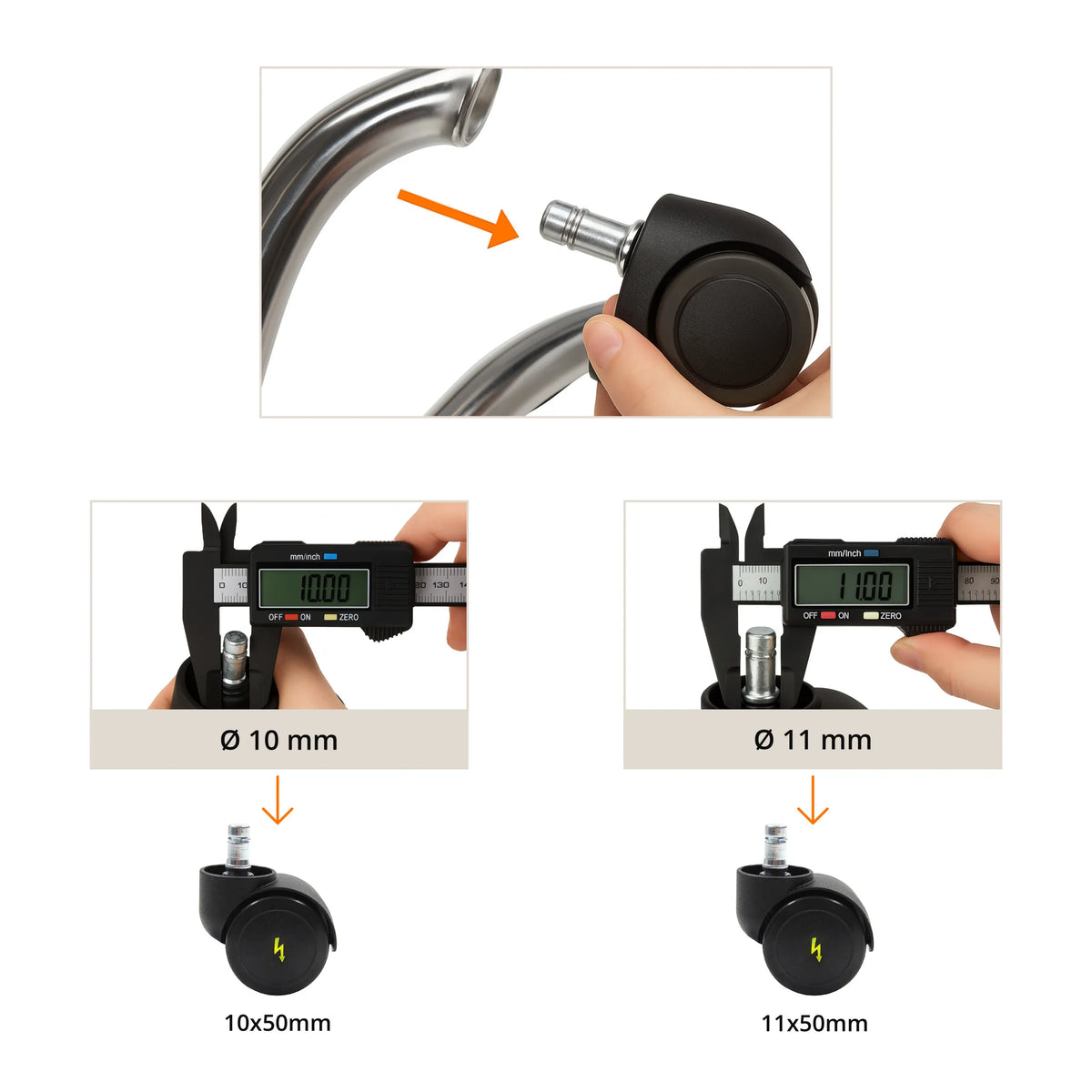Measuring instructions for the 10 mm and 11 mm pin diameters of the 5x ROLO ESD 11mm/50mm castors by hjh OFFICE
