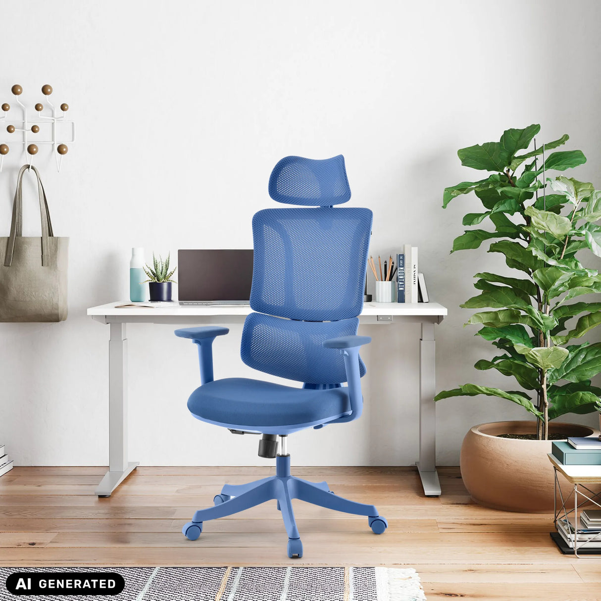 Blue Ergomy Colore home office chair with mesh backrest and headrest by MyBuero (AI-generated image)