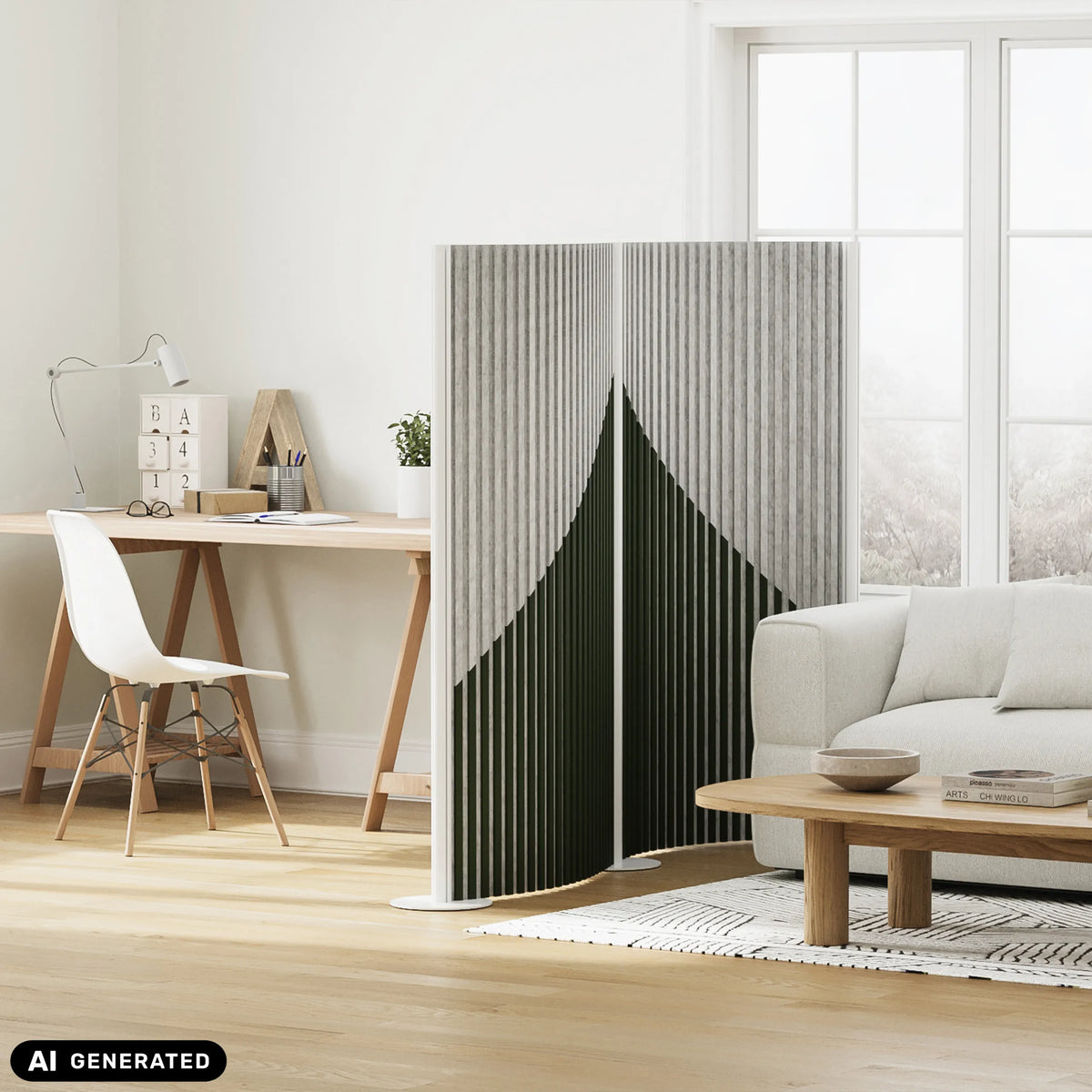 Grey Flexmiut Wave partition wall with vertical slat structure and green pattern by hjh OFFICE (AI-generated image)