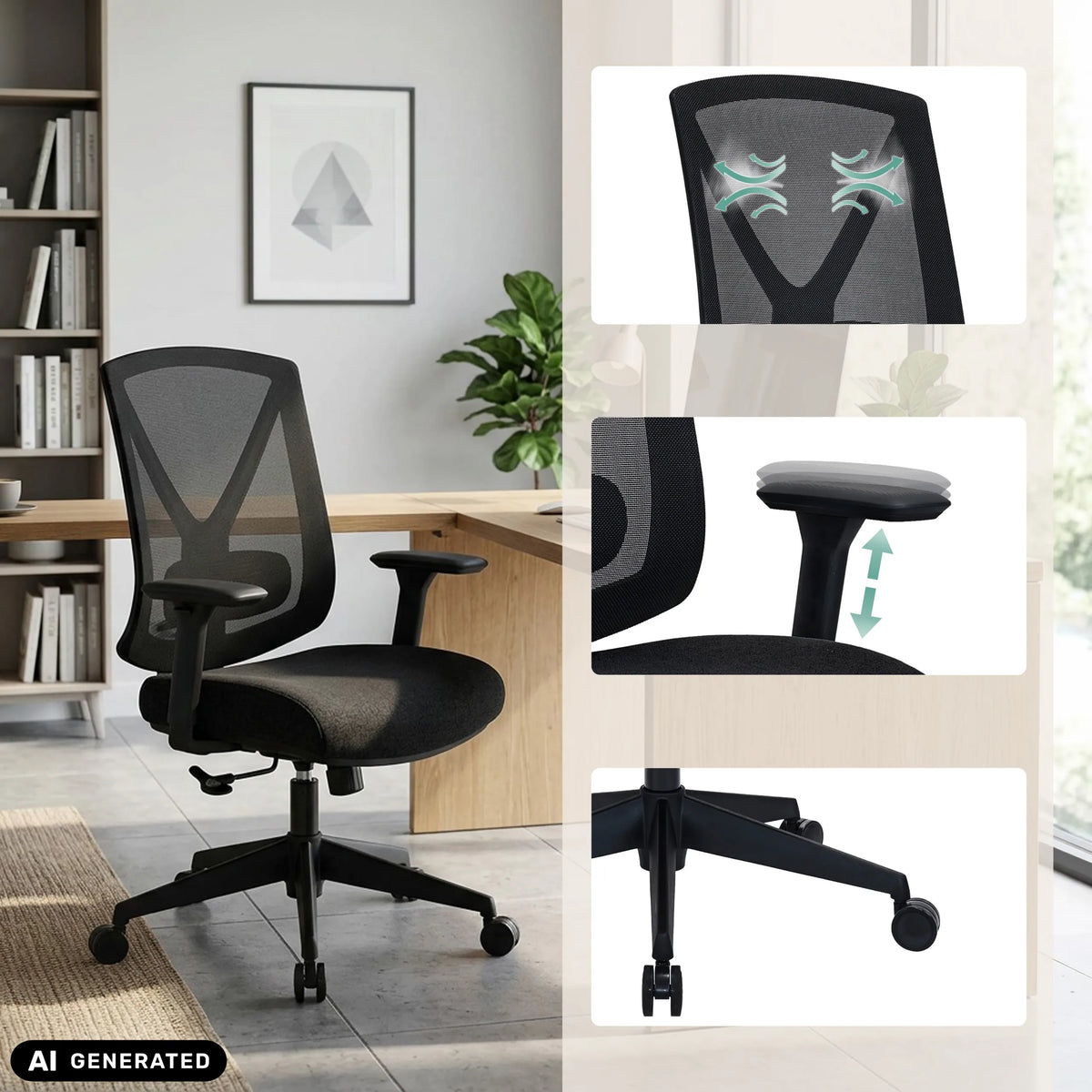 Professional Office Chair Mirou in black with mesh back, adjustable armrests and star base by hjh OFFICE (AI-generated image)