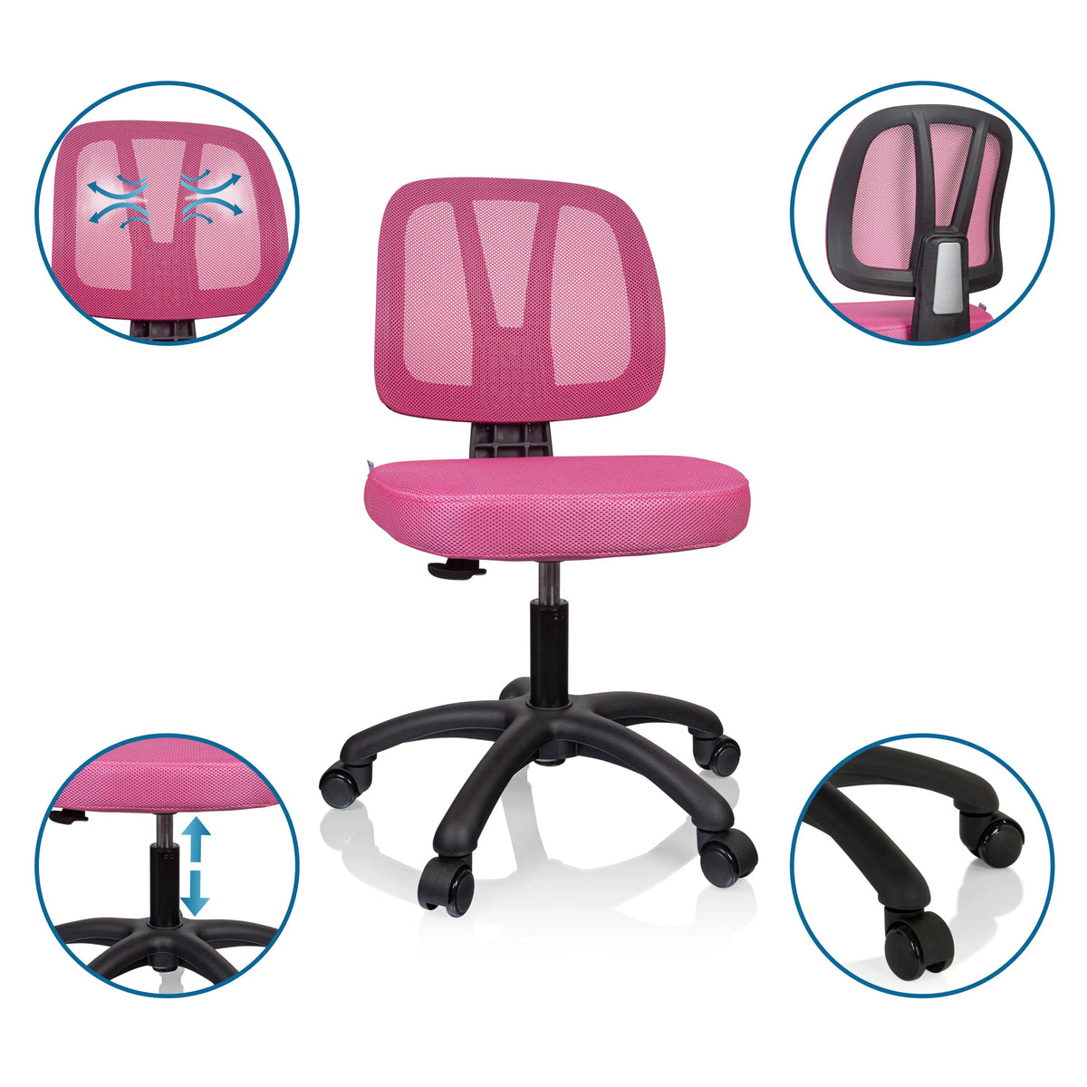 Pink Swivel Chair – Children KID YU 200 with mesh backrest, height-adjustable seat and castors by hjh OFFICE
