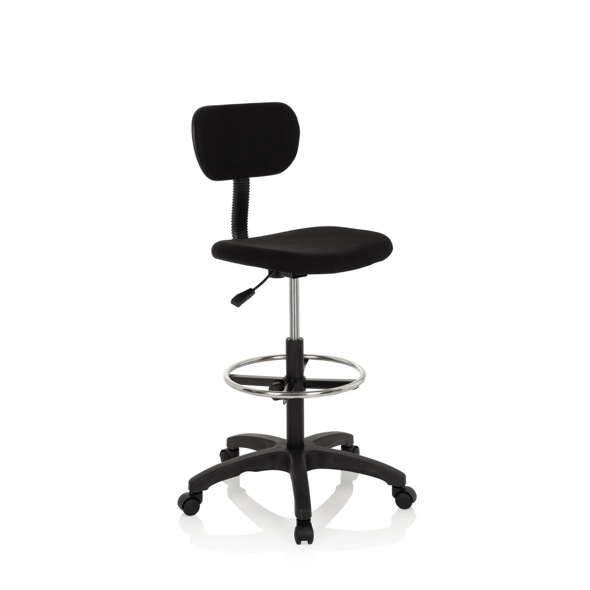 Black Counter chair TOP WORK 05 with foot ring and five-caster base by hjh OFFICE – 360-degree view (front three-quarter view 40°)