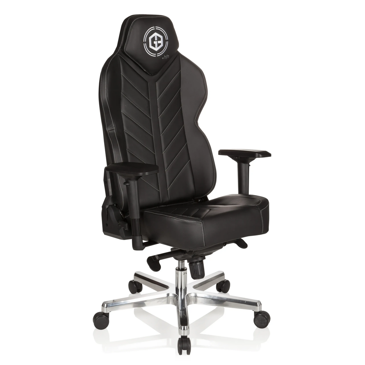 Black Gaming chair GAMEBREAKER COLOSSUS with armrests and a glossy five-caster base by hjh OFFICE – 360-degree view (front three-quarter view 40°)