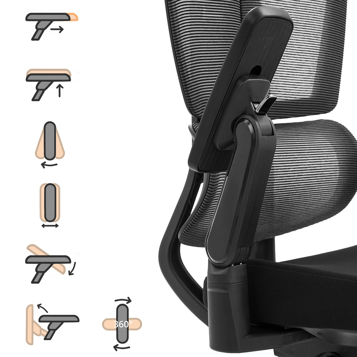 Four-dimensionally adjustable armrest of the Professional Office Chair Ergo U2 Flex3 with functional diagrams by hjh OFFICE