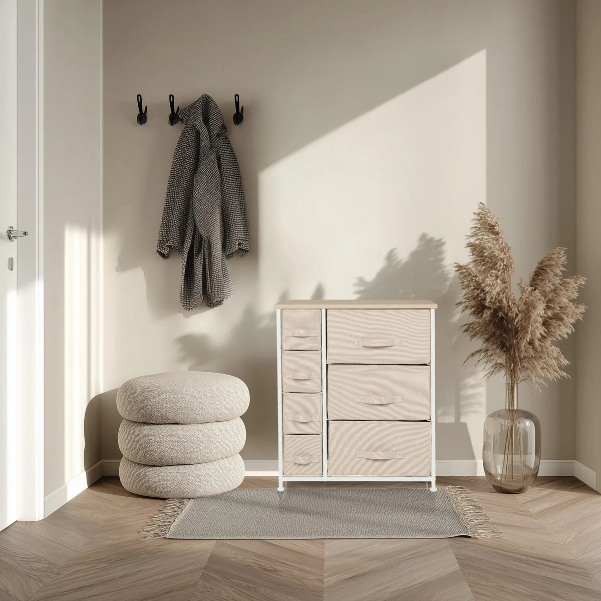 FOLDRESS B chest of drawers in beige with several fabric drawers and a white frame by hjh LIVING
