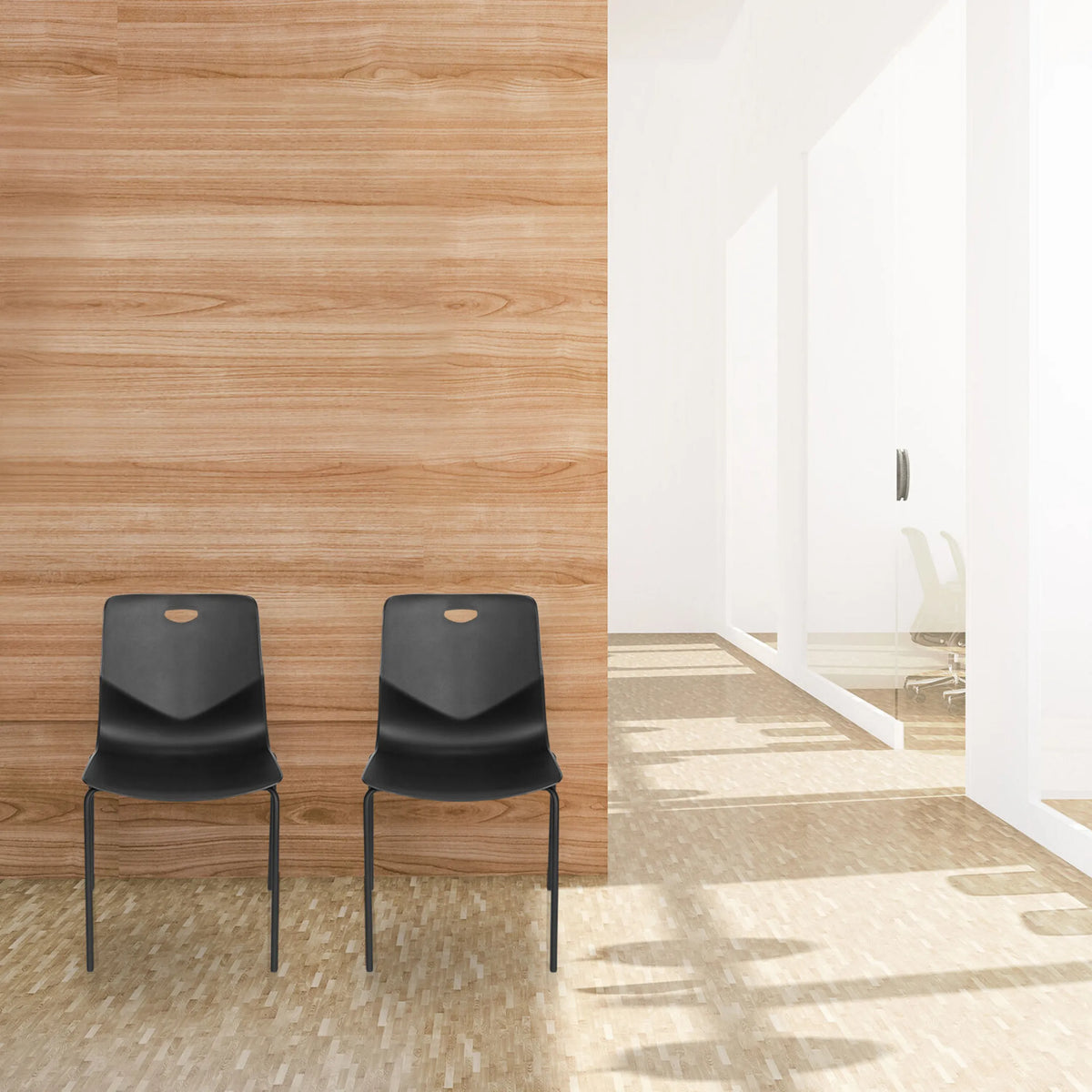 Two black four-legged chairs T36 V with a handle opening in the backrest by hjh OFFICE
