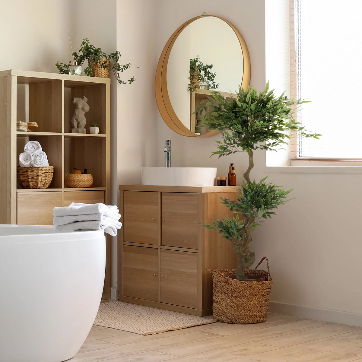 Green artificial plant ACACIA in a woven basket in the bathroom by hjh OFFICE
