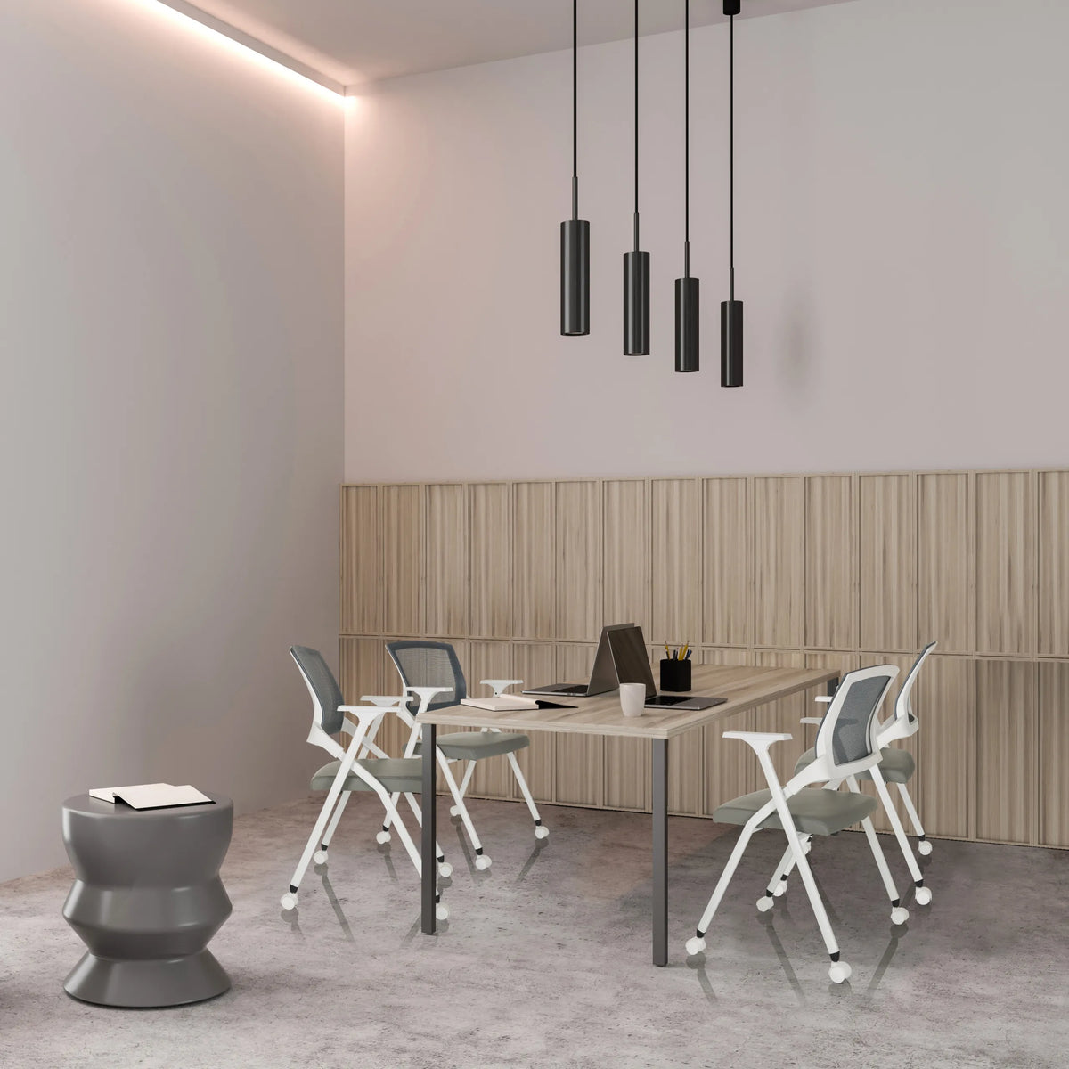 Grey PRIORITY II W PU folding chairs at a meeting table in a modern room by hjh OFFICE