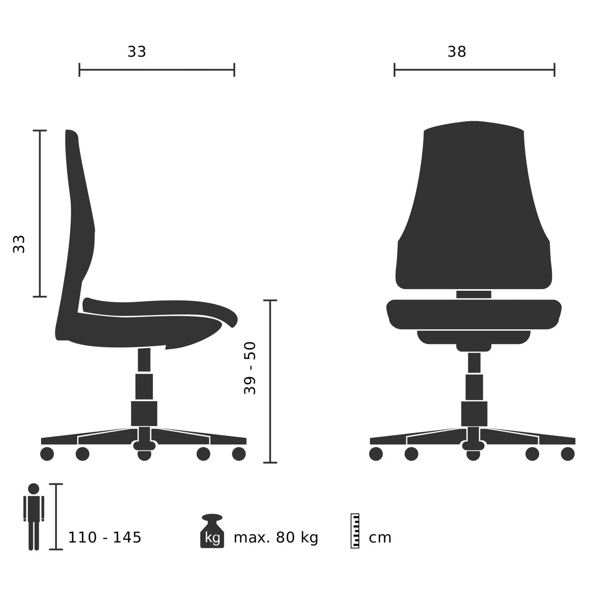 Technical drawing of the Swivel Chair – Children KIDDY BASE I with a width of 38 cm by hjh OFFICE