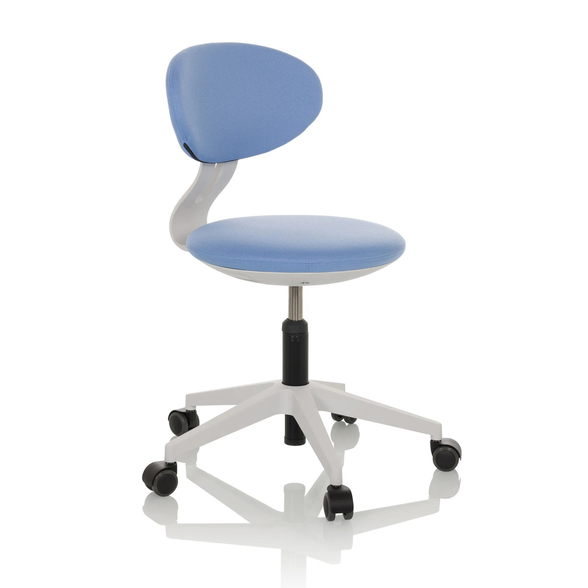 Blue Swivel Chair – Children MINIMOVO with white base and five castors by hjh OFFICE – 360-degree view (front three-quarter view 45°)