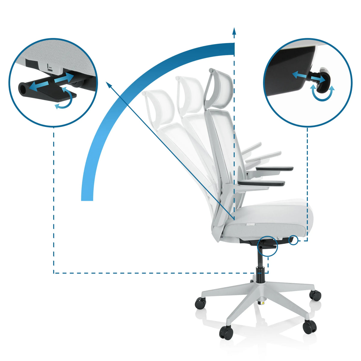 Adjustable backrest and mechanism of the ARCEO W Professional Office Chair in grey by hjh OFFICE