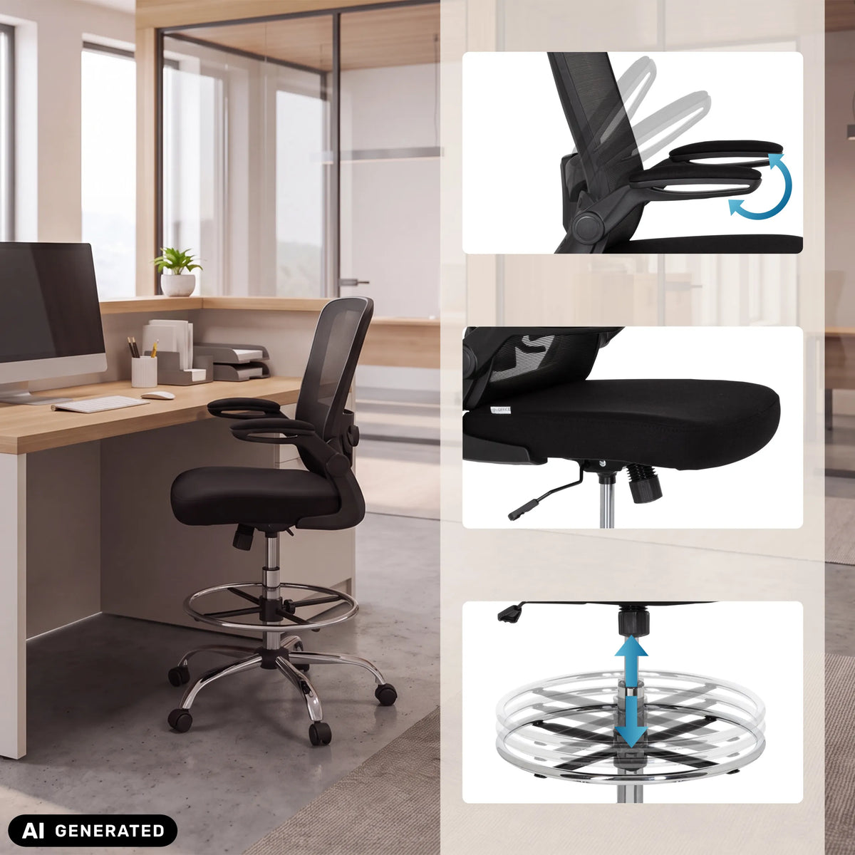 Counter chair VENDO WORK in black with footrest and swivel armrests by hjh OFFICE (AI-generated image)