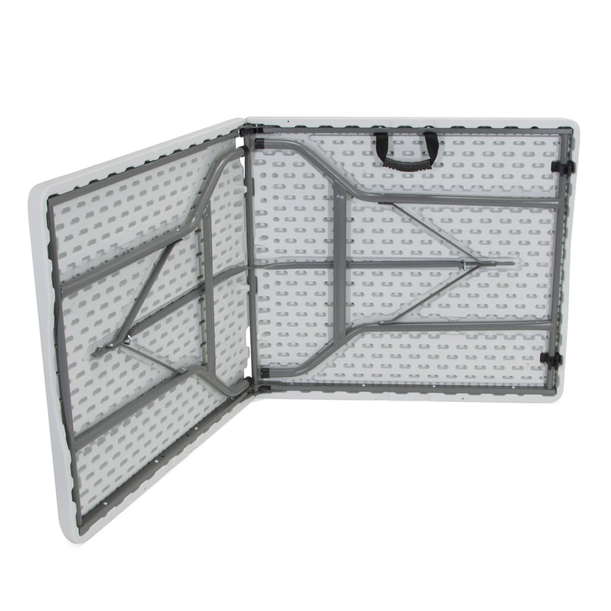 Underside with folding mechanism and carrying handle of the Folding table EASY UP MULTI II in white by hjh OFFICE