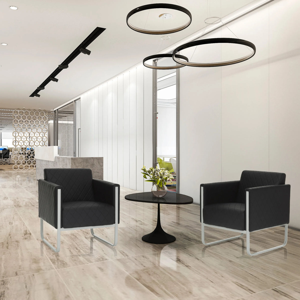 Two black ARUBA STEP upholstered armchairs with sled bases and quilted upholstery by hjh OFFICE