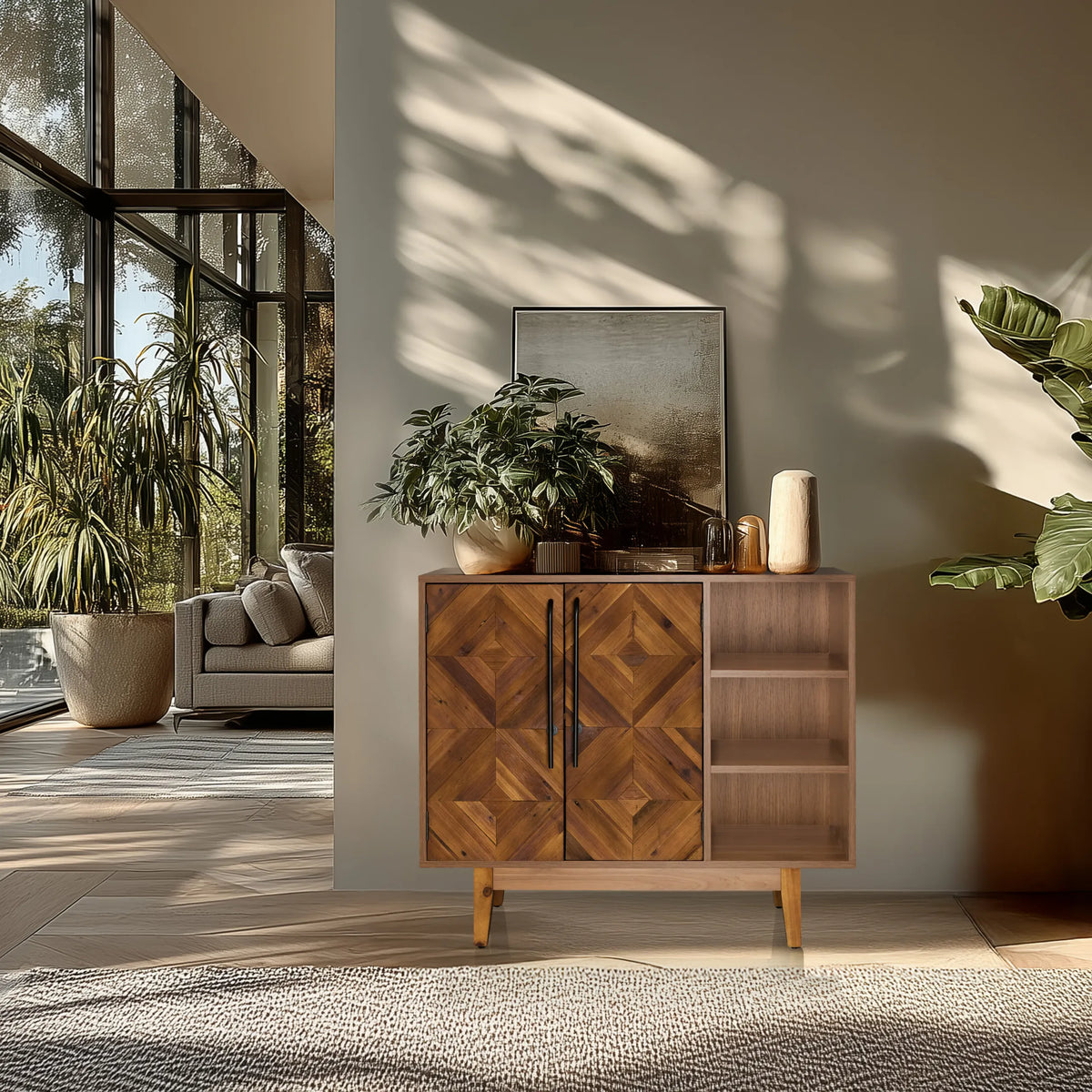 Chest of drawers SANTJAGO WOOD L in dark brown wood effect with two doors and an open shelf by hjh LIVING