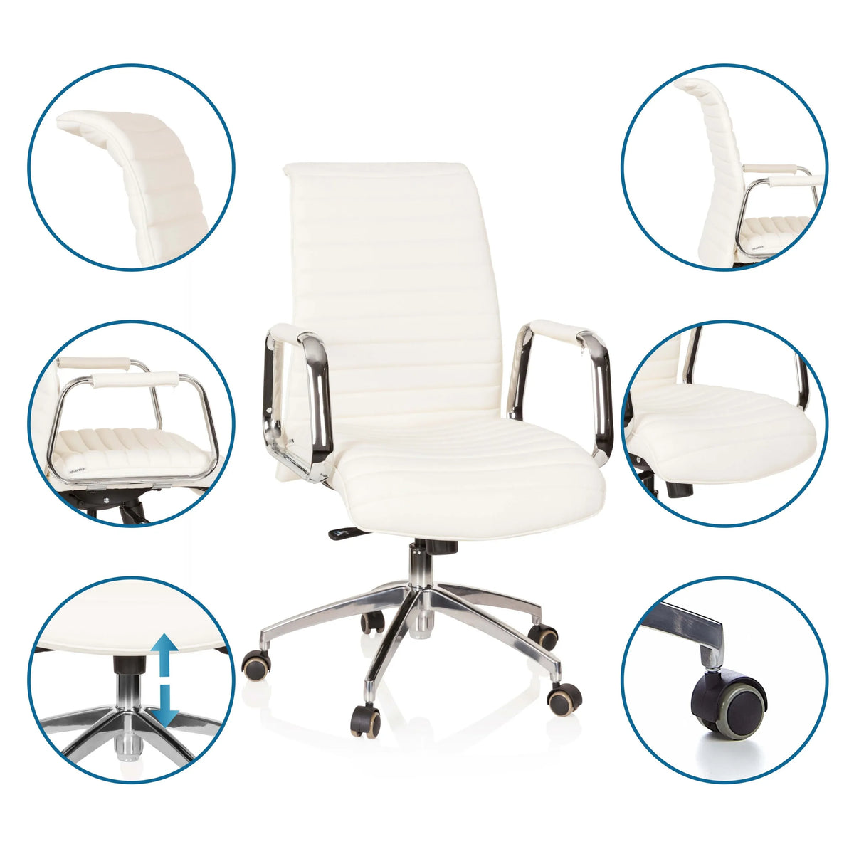 Professional Executive Chair ASPERA 10 in cream white with details of the upholstery, armrests, gas spring and castors by hjh OFFICE