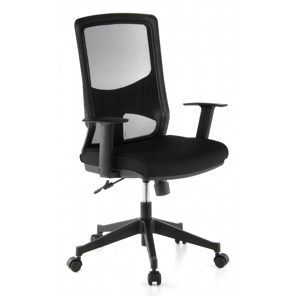 Black Professional Office Chair LAVITA with mesh back and five-caster base by hjh OFFICE – 360-degree view (front three-quarter view 40°)