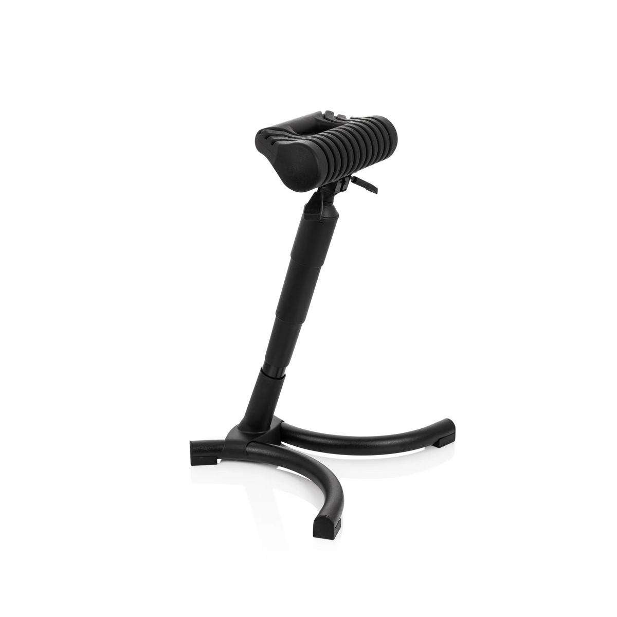 Black standing aid TOP WORK 33 with padded seat and three-legged base by hjh OFFICE – 360-degree view (front three-quarter view 60°)