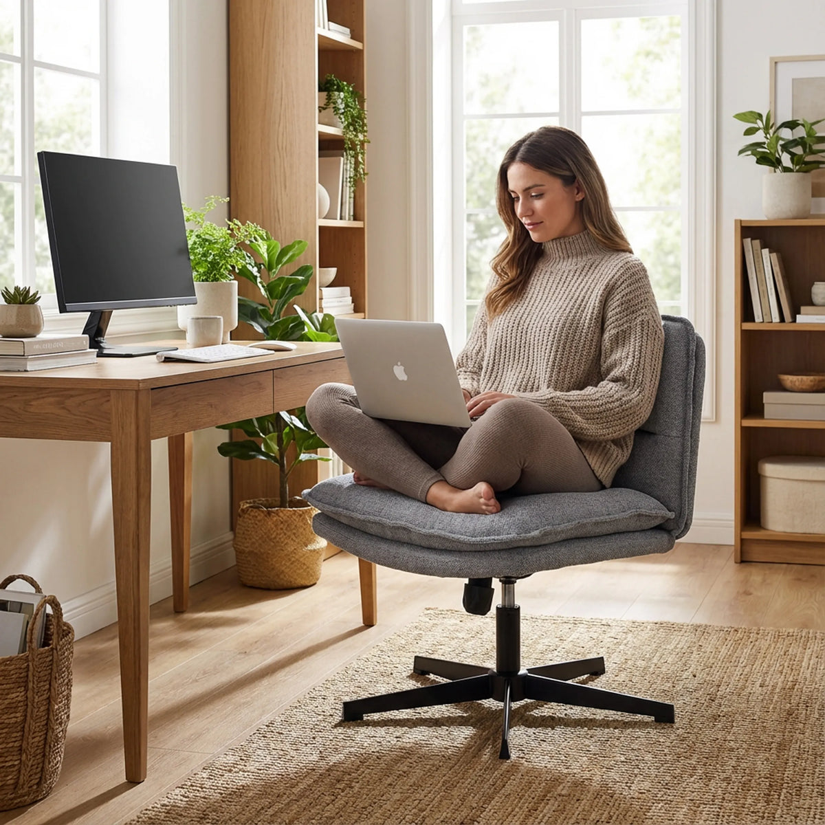 Dark grey Criss-Cross 20 lounge chair with star base in a bright room with a desk by hjh LIVING