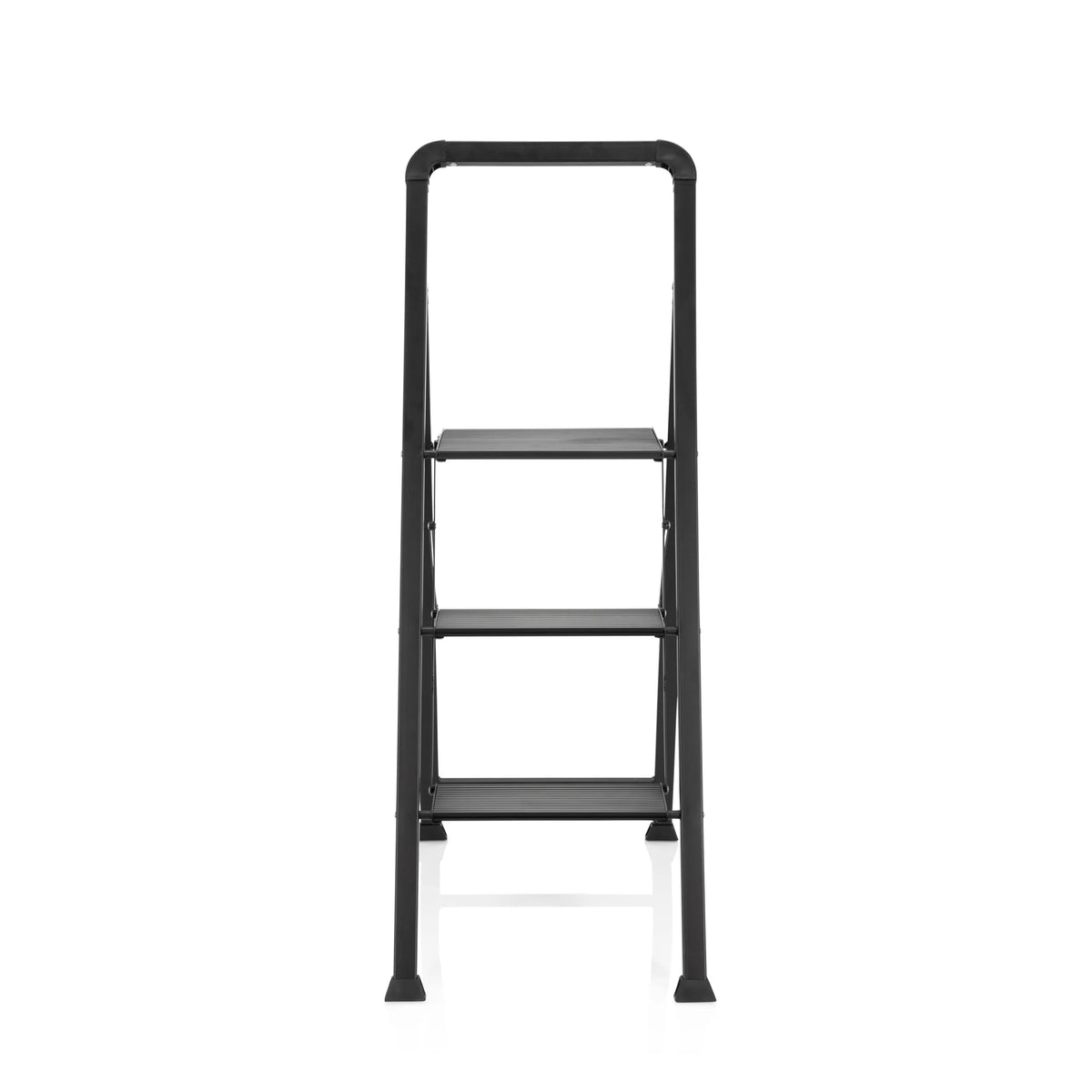 Black Folding Ladder SOLID W6 with three steps and a handle by hjh OFFICE – 360-degree view (front view 0°)